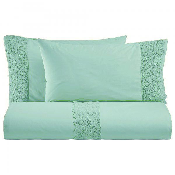 BiancoPerla PARURE COPRIPIUMINO in cotone Stone Washed con balza in macramè art. CANASTRA