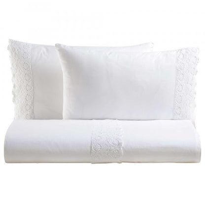 BiancoPerla PARURE COPRIPIUMINO in cotone Stone Washed con balza in macramè art. CANASTRA