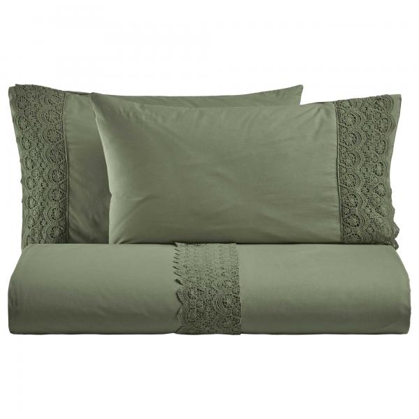 BiancoPerla PARURE COPRIPIUMINO in cotone Stone Washed con balza in macramè art. CANASTRA