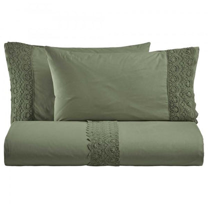 BiancoPerla PARURE COPRIPIUMINO in cotone Stone Washed con balza in macramè art. CANASTRA