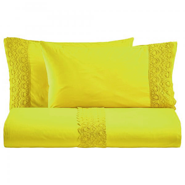 BiancoPerla PARURE COPRIPIUMINO in cotone Stone Washed con balza in macramè art. CANASTRA