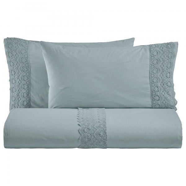 BiancoPerla PARURE COPRIPIUMINO in cotone Stone Washed con balza in macramè art. CANASTRA