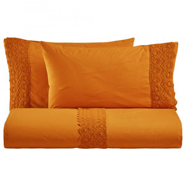 BiancoPerla PARURE COPRIPIUMINO in cotone Stone Washed con balza in macramè art. CANASTRA
