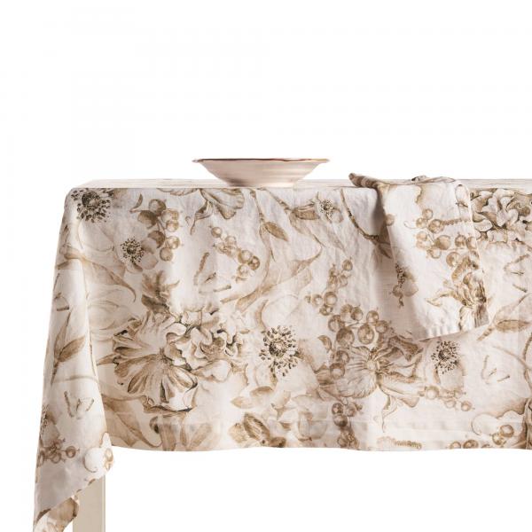 BIANCOPERLA Tovaglia in puro LINO con stampa monocromatica disegno floreale grande art. DELIA