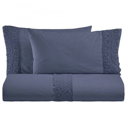 BiancoPerla PARURE COPRIPIUMINO in cotone Stone Washed con balza in macramè art. CANASTRA