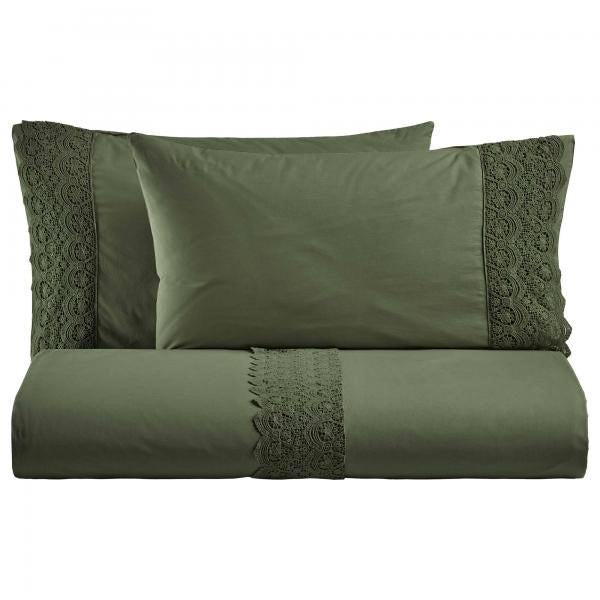BiancoPerla PARURE COPRIPIUMINO in cotone Stone Washed con balza in macramè art. CANASTRA