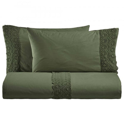 BiancoPerla PARURE COPRIPIUMINO in cotone Stone Washed con balza in macramè art. CANASTRA