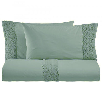 BiancoPerla PARURE COPRIPIUMINO in cotone Stone Washed con balza in macramè art. CANASTRA