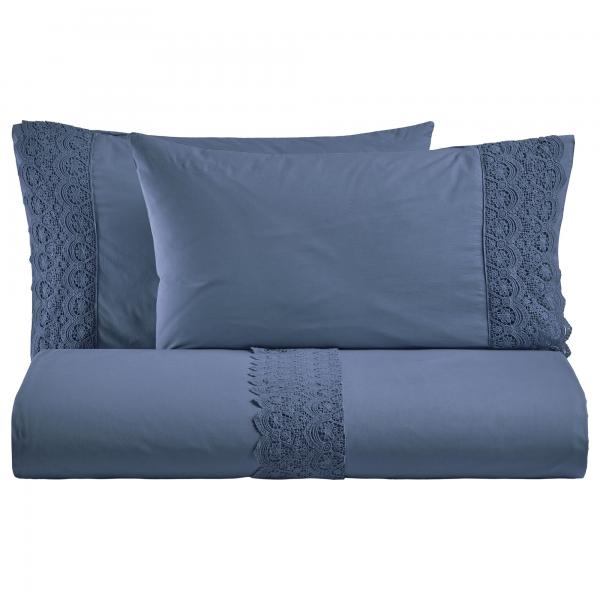 BiancoPerla PARURE COPRIPIUMINO in cotone Stone Washed con balza in macramè art. CANASTRA