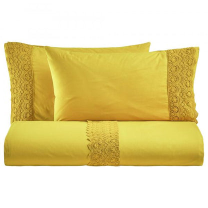 BiancoPerla PARURE COPRIPIUMINO in cotone Stone Washed con balza in macramè art. CANASTRA