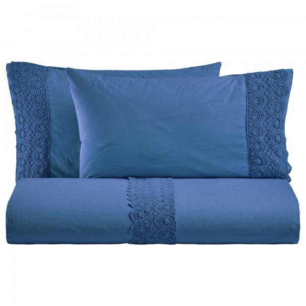BiancoPerla PARURE COPRIPIUMINO in cotone Stone Washed con balza in macramè art. CANASTRA