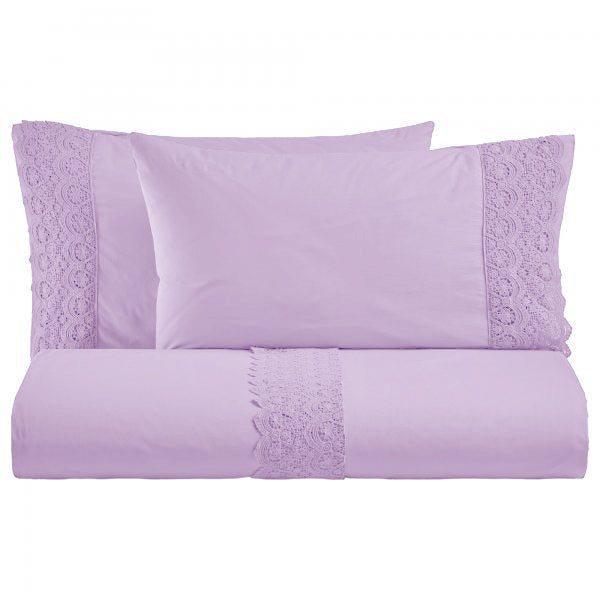BiancoPerla PARURE COPRIPIUMINO in cotone Stone Washed con balza in macramè art. CANASTRA