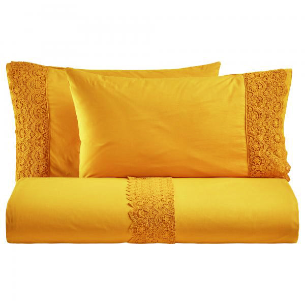 BiancoPerla PARURE COPRIPIUMINO in cotone Stone Washed con balza in macramè art. CANASTRA