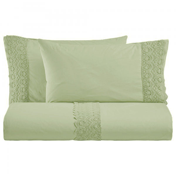 BiancoPerla PARURE COPRIPIUMINO in cotone Stone Washed con balza in macramè art. CANASTRA