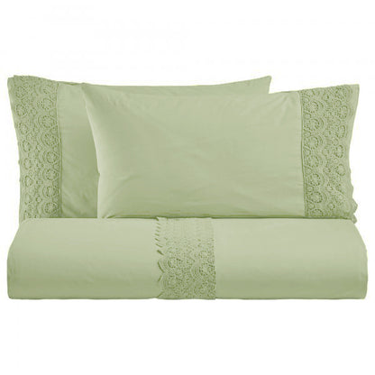 BiancoPerla PARURE COPRIPIUMINO in cotone Stone Washed con balza in macramè art. CANASTRA