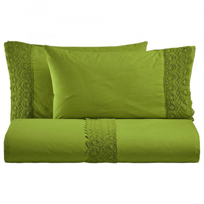 BiancoPerla PARURE COPRIPIUMINO in cotone Stone Washed con balza in macramè art. CANASTRA