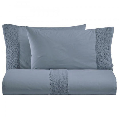 BiancoPerla PARURE COPRIPIUMINO in cotone Stone Washed con balza in macramè art. CANASTRA