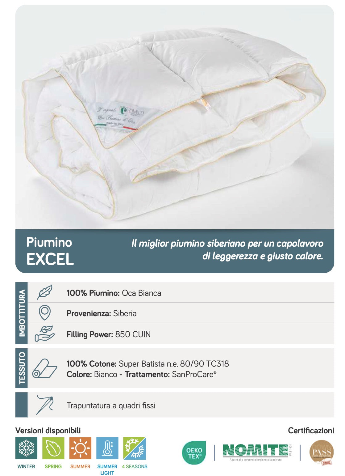CINELLI piumino letto 100% piumino oca bianca SIBERIANA art. EXCEL