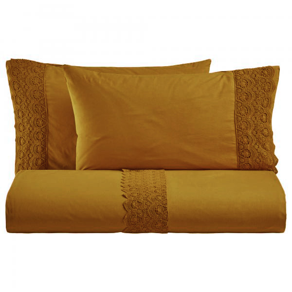 BiancoPerla PARURE COPRIPIUMINO in cotone Stone Washed con balza in macramè art. CANASTRA