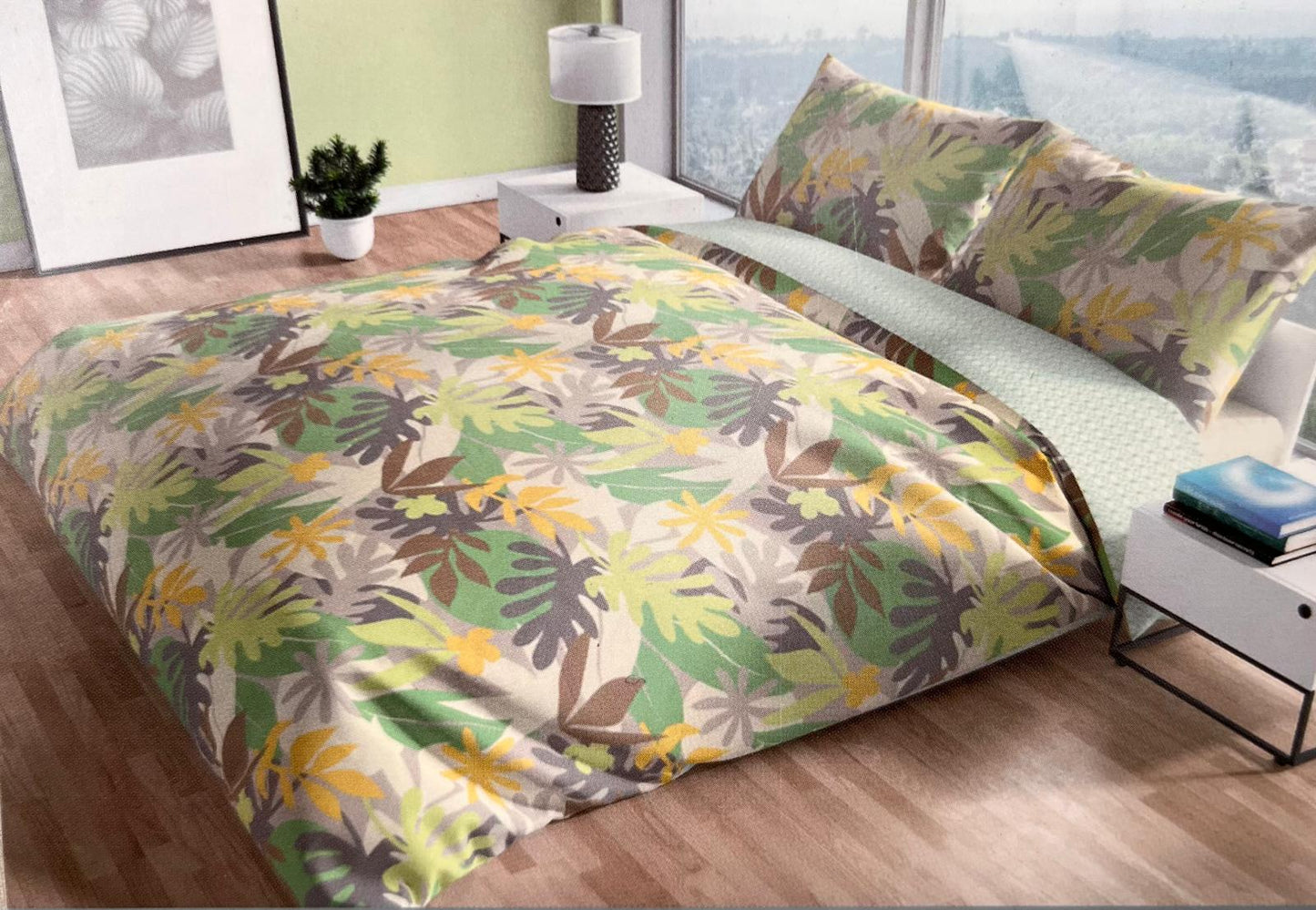 LE VIE DEL COTONE completo letto lenzuolo EFFETTO COPRILETTO in percalle di cotone SINGOLO art. LOUISE col. CLOROFILLA