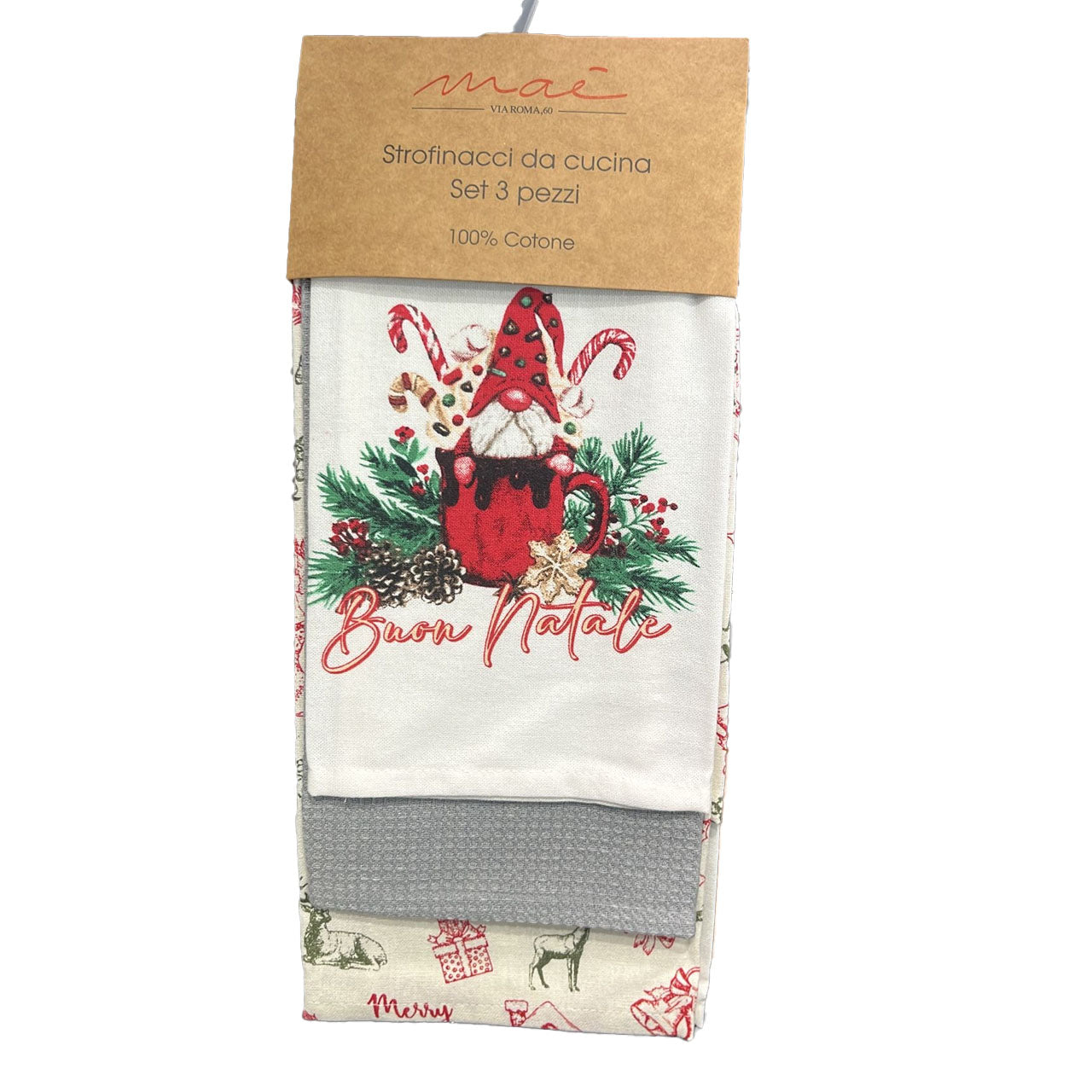 MAE' by VIA ROMA 60 Strofinacci da cucina 3 pezzi art. XMAS TIME  var. GNOMO&TAZZA