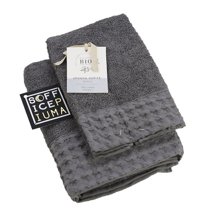 sofficepiuma coppia asciugamani spugna bagno bio label eco green cotone bio